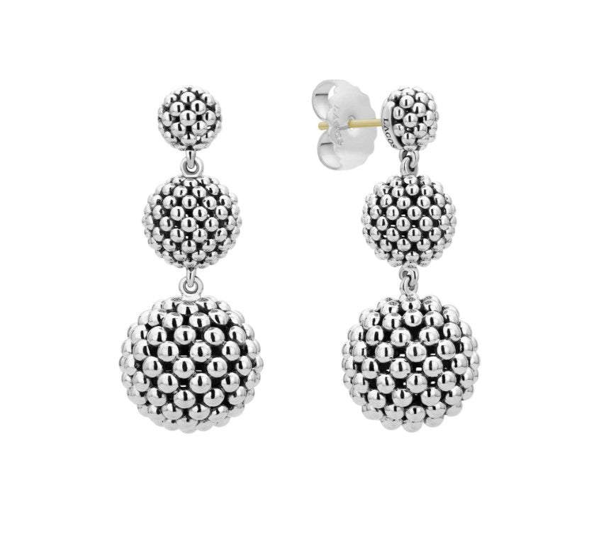 S/S Signature Caviar 3 Graduated Caviar Ball Post Drop Earrings