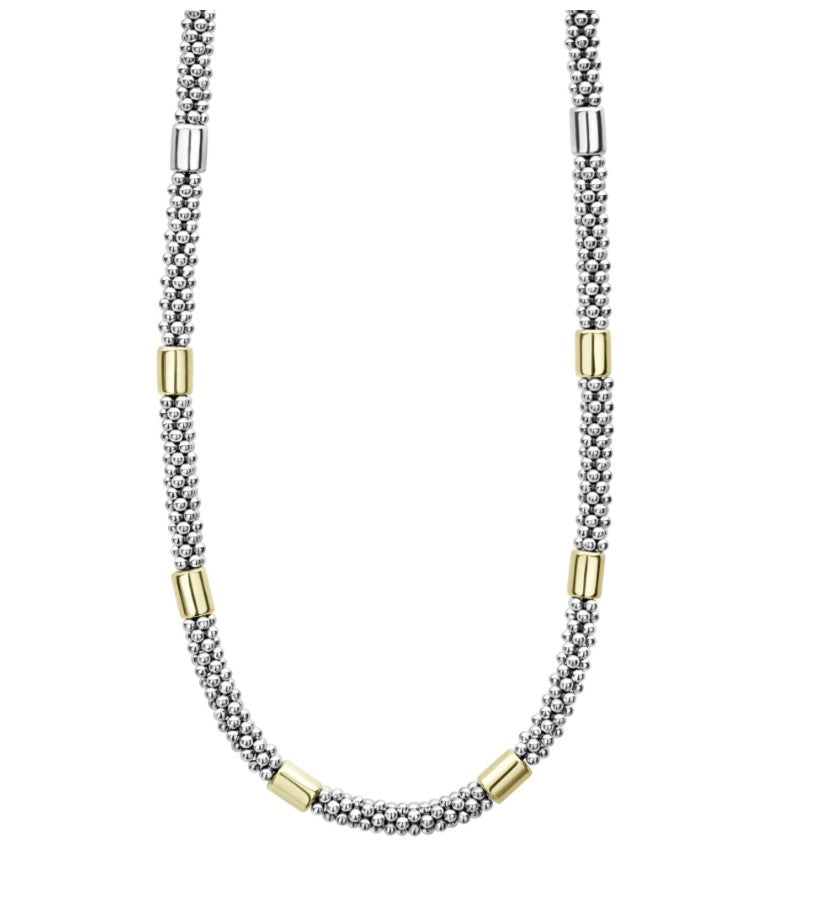 S/S 18K High Bar 7mm Smooth Station 5mm Rope Necklace, 18"