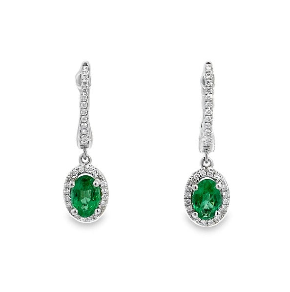 14K WG Oval Emerald & Diamond Halo Drop Huggie Earrings by David Kord Main image