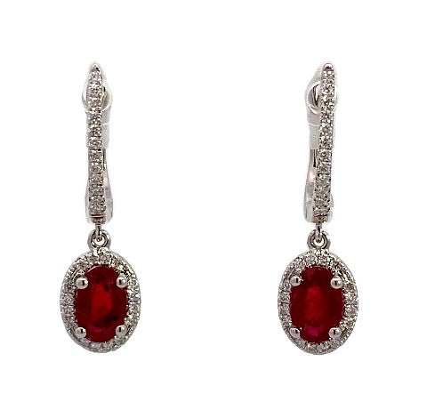 14K WG Oval Ruby Diamond Halo Drop Huggie Earrings by David Kord