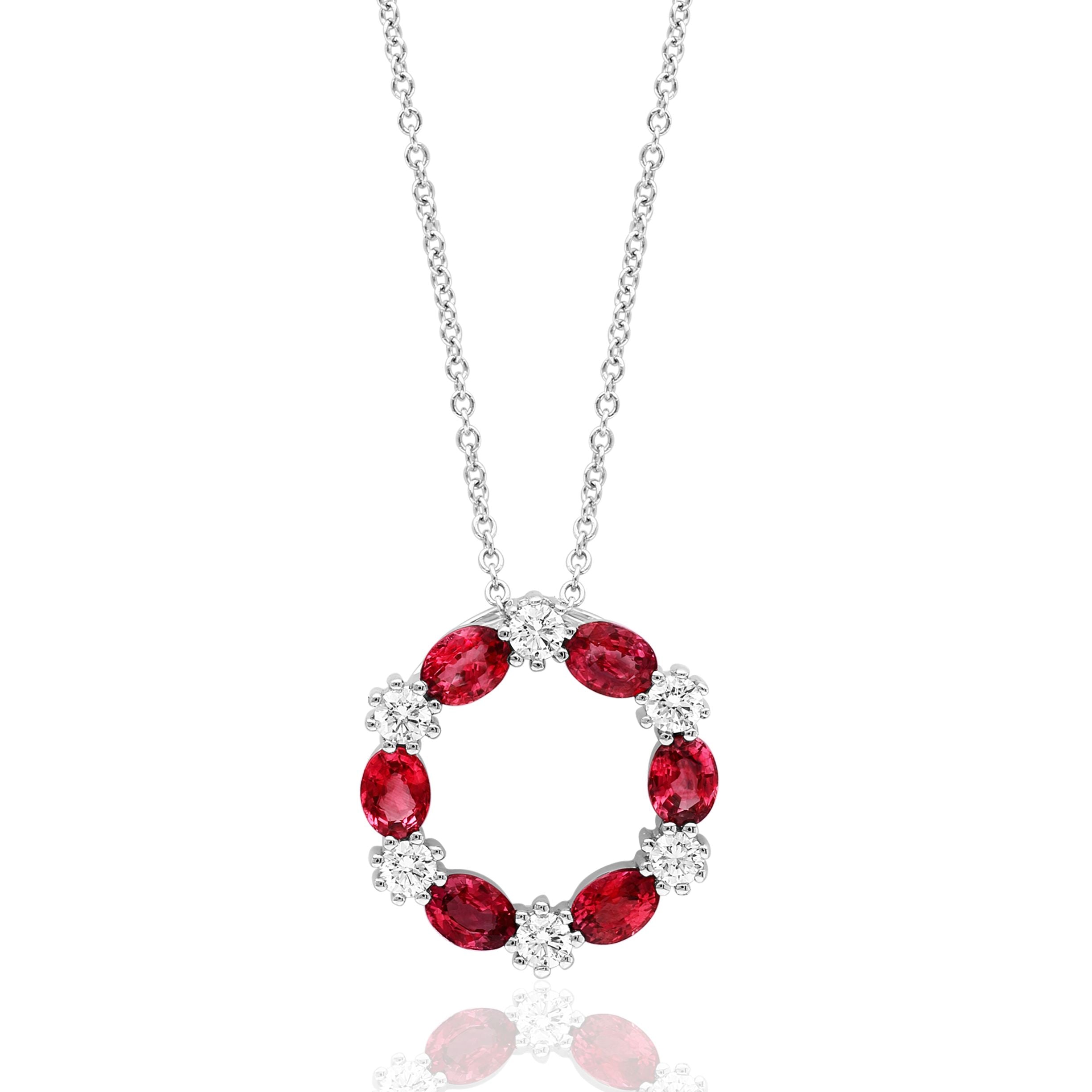 14K WG Alternating Oval Ruby & Round Diamond Open Circle Pendant by David Kord