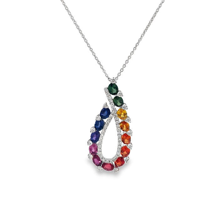 14K WG .51cttw Diamond & 2.61cttw Rainbow Sapphire Wrap Pendant Necklace

13 OV Sapphires = 2.61cttw
51 RD Diamonds = .51cttw