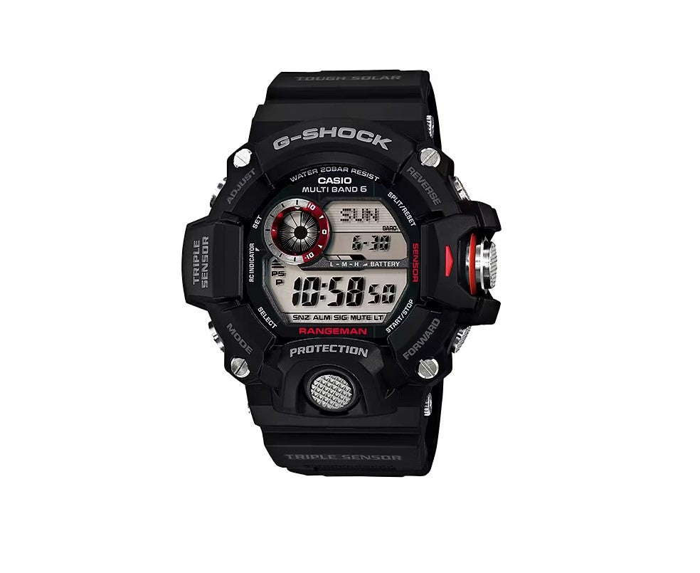 Casio G-Shock Master of G-Land Rangeman

Case size: 55.2 × 53.5 × 18.2 mm
Case and bezel material: Resin
Band: Resin
Water Resistance: 200M
Power supply and battery life: Tough Solar (Solar powered)

Function: Radio Controlled, shock resistant