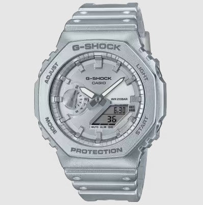 Casio G-Shock Retro Futuristic Metallic Silver

Case size: 48.5 × 45.4 × 11.8 mm
Case and bezel material: Carbon / Resin
Band:  Resin
Water Resistance: 200M
Power supply and battery life: 
Approx. battery life: 3 years on SR726W X 2
Forgotten Futu Main image