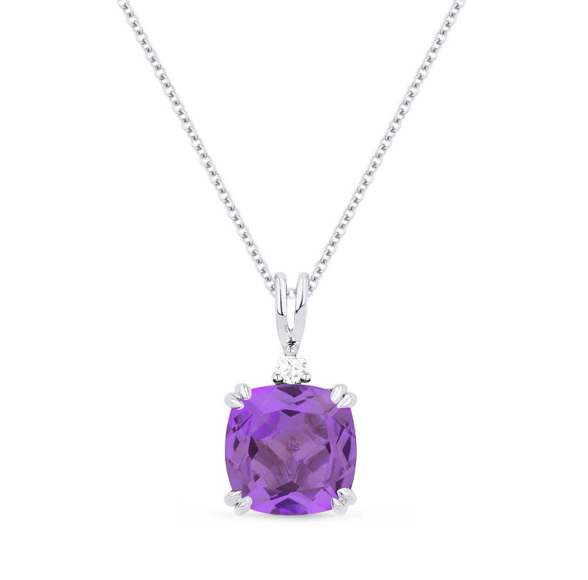 14k WG Amethyst Ctr w/ Rnd Accent Diamond Pendant Necklace
