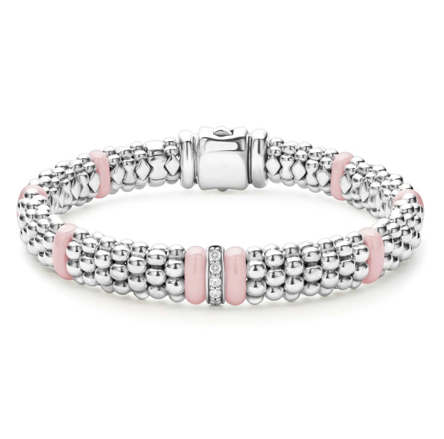 S/S 18K YG Pink Caviar Ceramic Diamond Link Smooth Station 9mm Rope Bracelet by LAGOS Main image