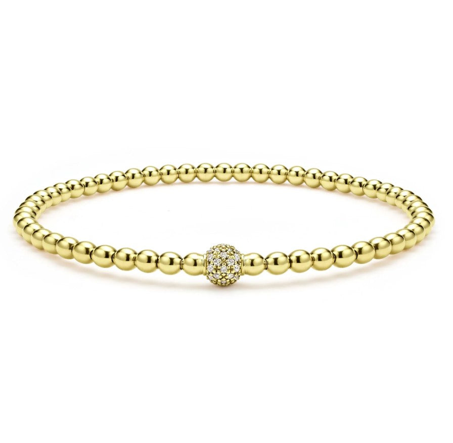 18K YG Caviar 3mm Gold Dia Pave Ball Stretch Bracelet, size 7 by LAGOS Main image