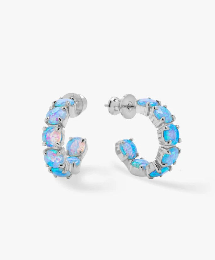 Silver Plated Oh She Fancy Simulated Blue Opal Hoops by Melinda Maria