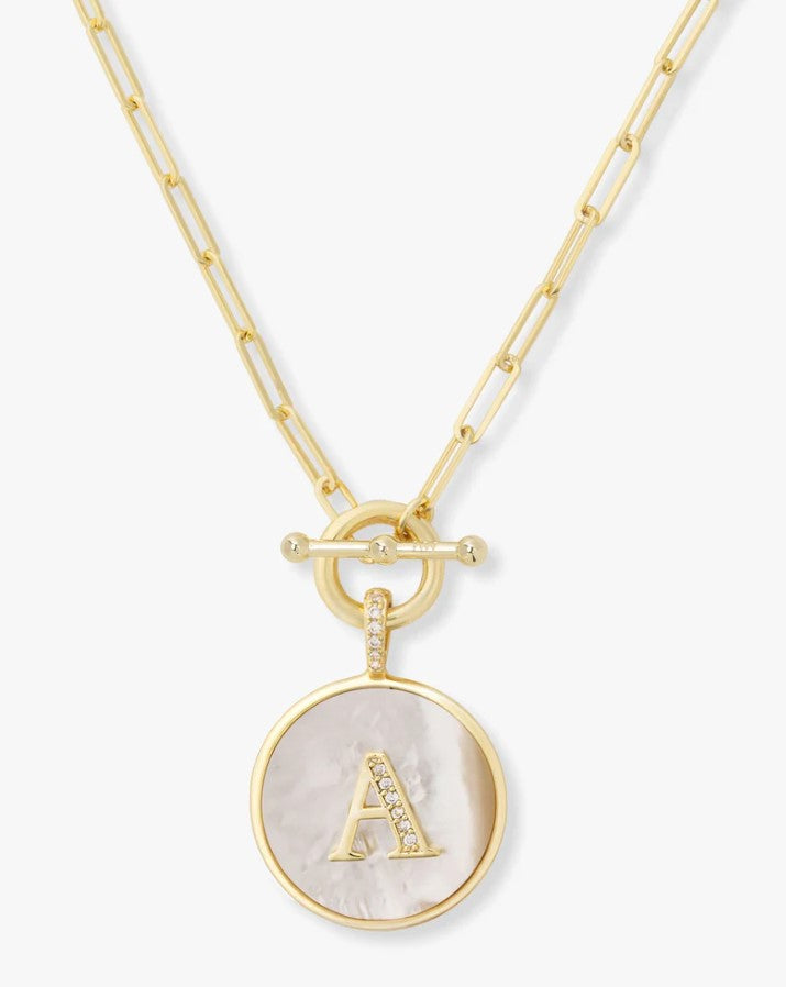 18K Gold Plated "A" Love Letters Medallion Necklace in MOP & White CZ by Melinda Maria