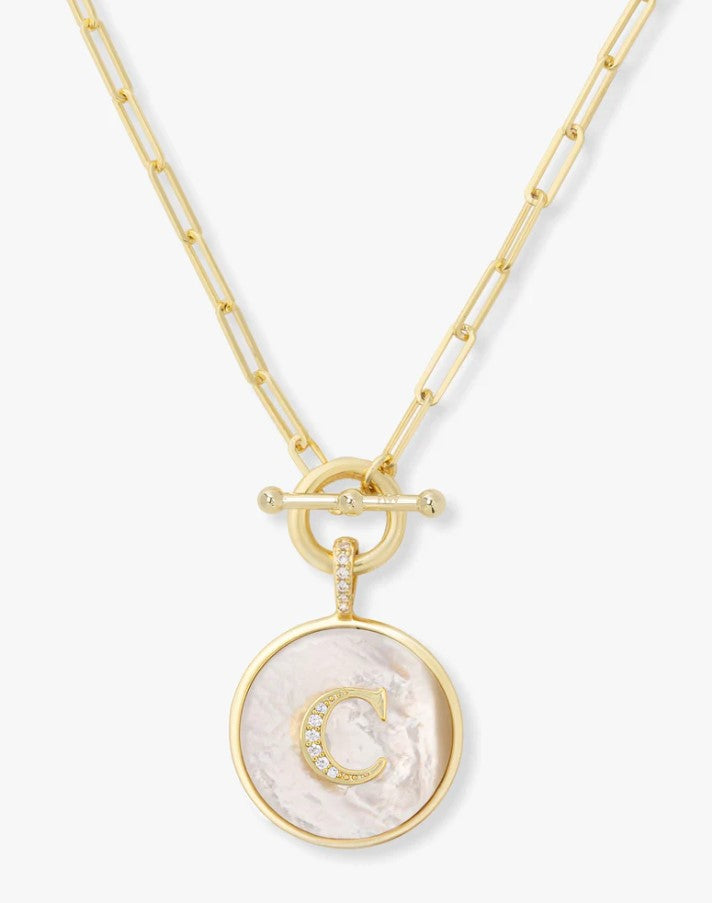18K Gold Plated "C" Love Letters Medallion Necklace in MOP & White CZ by Melinda Maria Main image