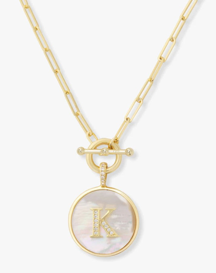 18K Gold Plated "K" Love Letters Medallion Necklace in MOP & White CZ by Melinda Maria