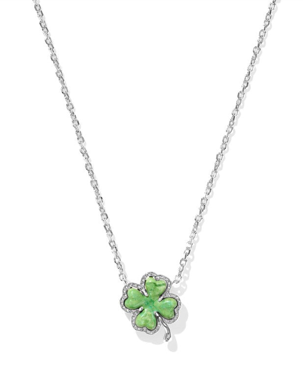 Silver Clover Short Pendant Necklace in Lime Green Magnesite by Kendra Scott