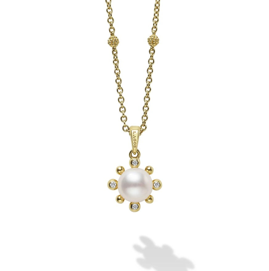 18K YG Luna Fleur 14mm Pearl & .06cttw Diamond Pendant Necklace by LAGOS Main image
