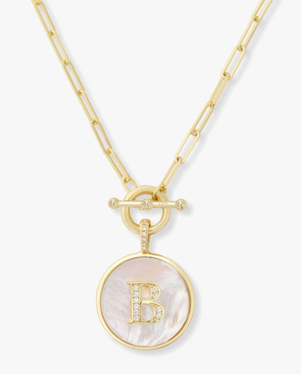 18K Gold Plated "B" Love Letters Medallion Necklace in MOP & White CZ by Melinda Maria