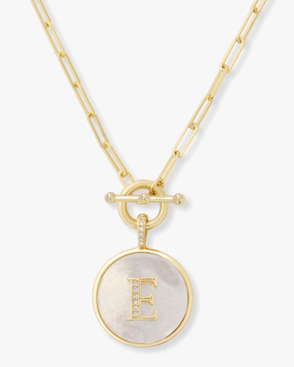 18K Gold Plated "E" Love Letters Medallion Necklace in MOP & White CZ by Melinda Maria
