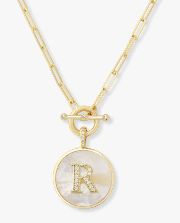 18K Gold Plated "R" Love Letters Medallion Necklace in MOP & White CZ by Melinda Maria Main image