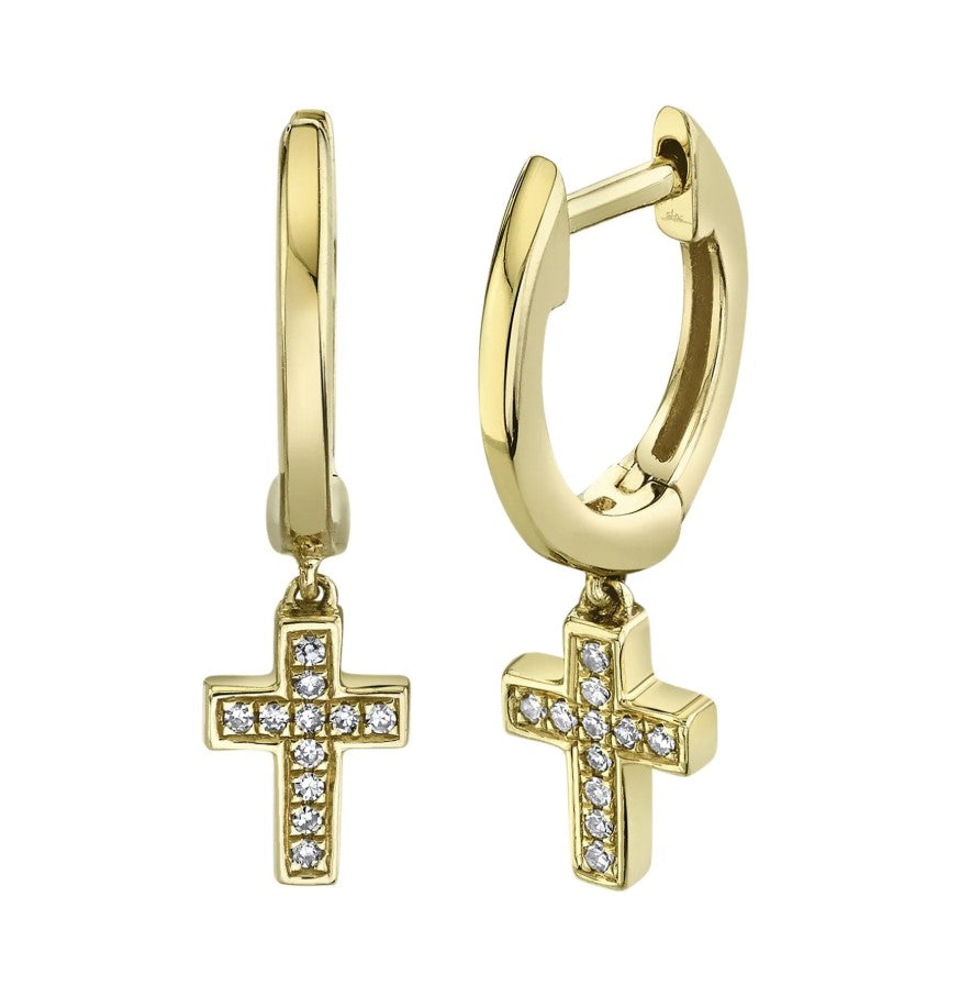 14K YG  1/20cttw Diamond Cross Dangle Huggie Earrings