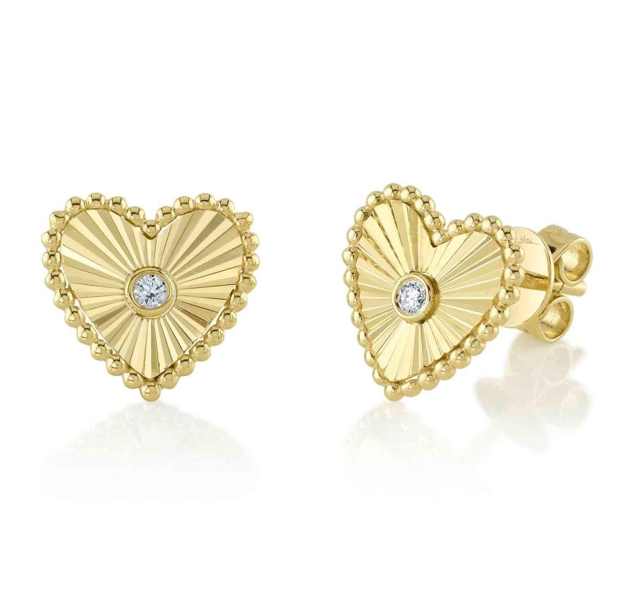 14K YG Diamond Bezel Fluted Heart Stud Earrings Main image