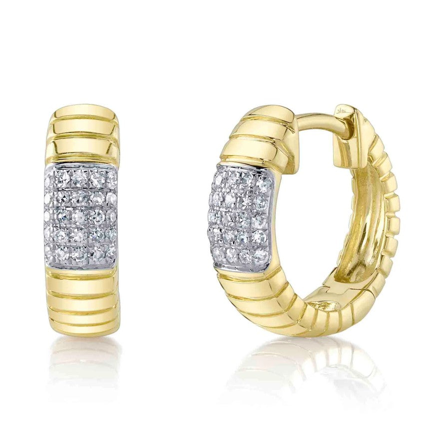 14K YG 1/10cttw Diamond Station Fluted Huggie Earrings Main image