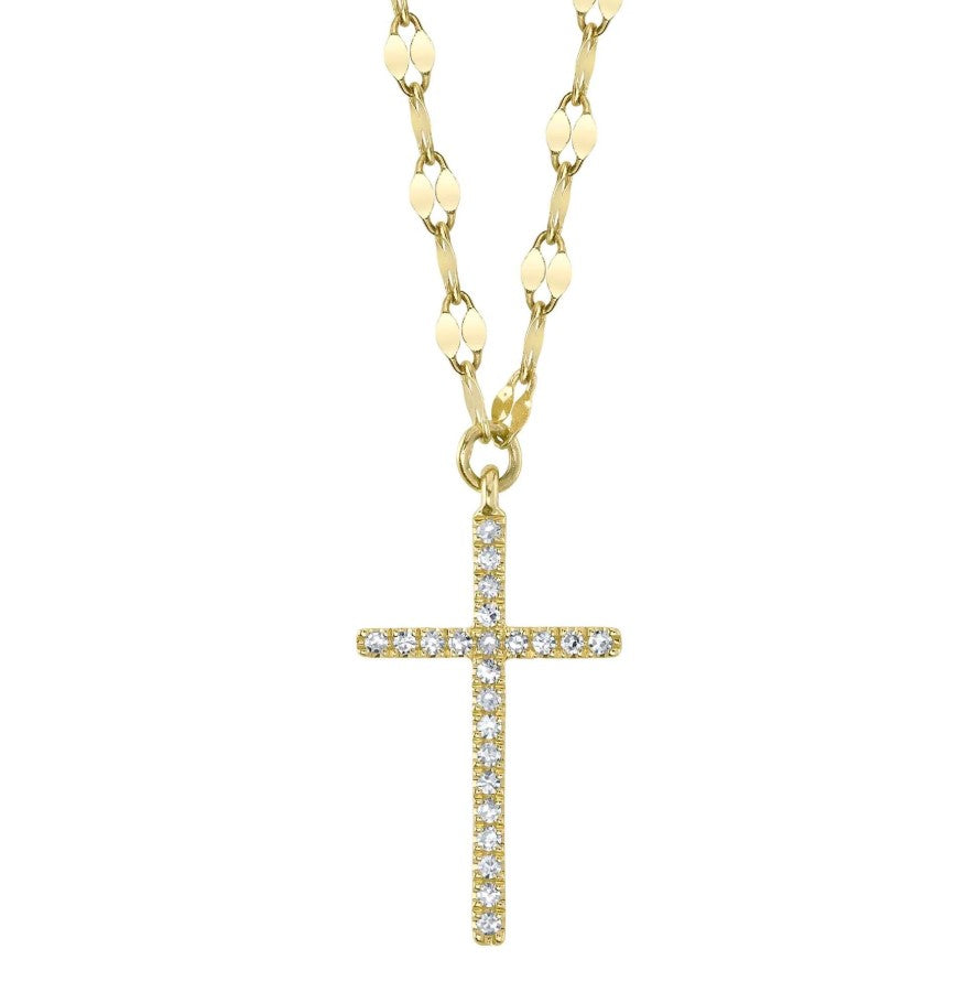 14K YG Diamond Cross Sparkle Chain Pendant Necklace
