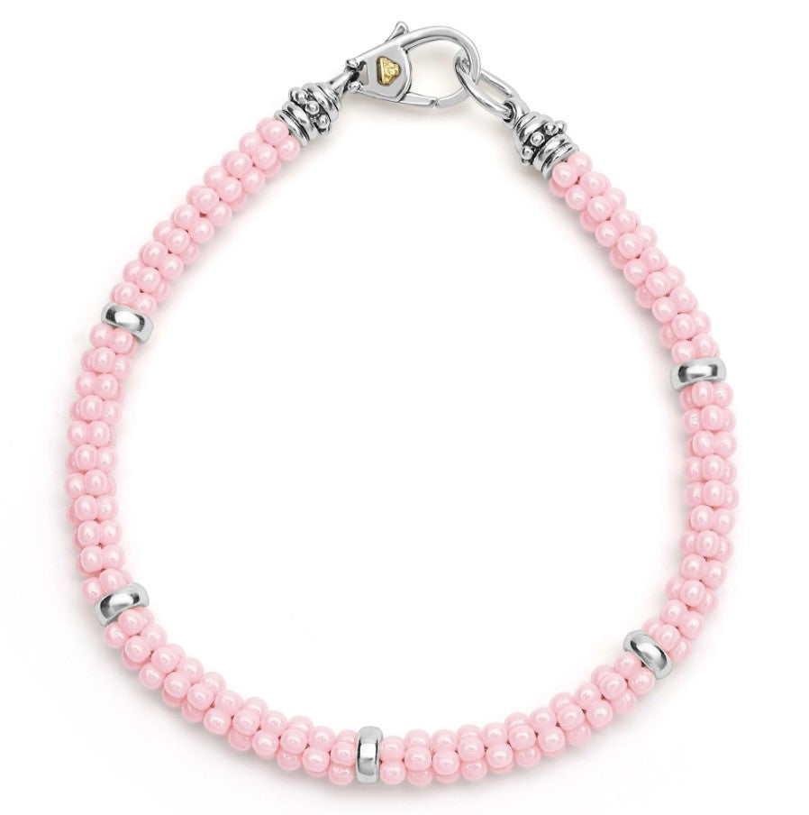 S/S & 18K Pink Caviar Ceramic Silver Station 5mm Rope Bracelet by LAGOS