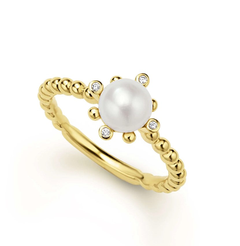 18K YG Luna Fleur Pearl (10mm) & .02cttw Diamond Ring by LAGOS, size 7 Main image