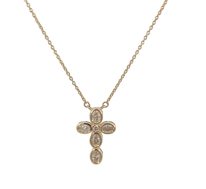 14K YG Diamond Oval Bezel Set Cross Pendant Necklace