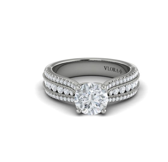 14K WG .56cttw Dia Three Row Tapered Round Eng Semi-Mount by Vlora

72 Round Diamonds = .56cttw