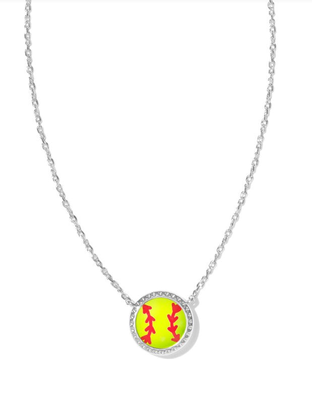 Rhodium Plated Softball Short Pendant Necklace in Chartreuse Magnesite by Kendra Scot