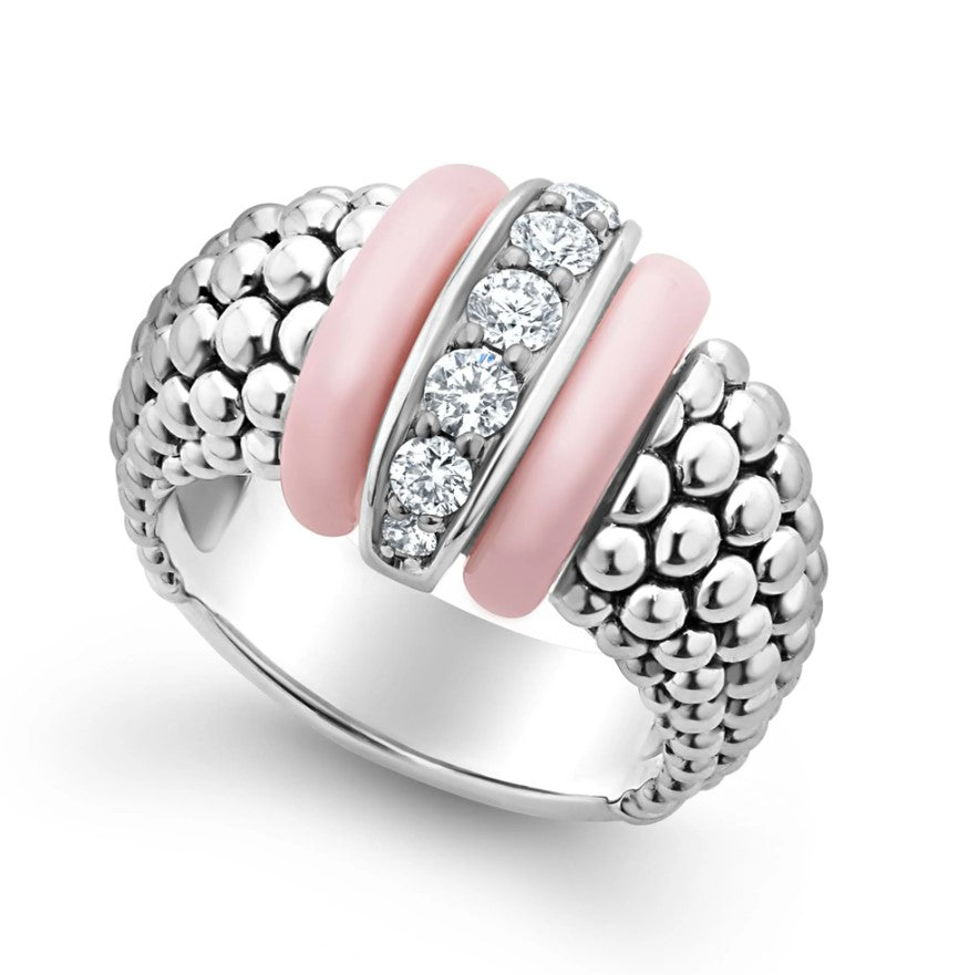 Sterling Silver Pink Ceramic Caviar .37cttw Dia Line Ring by LAGOS, sx 7