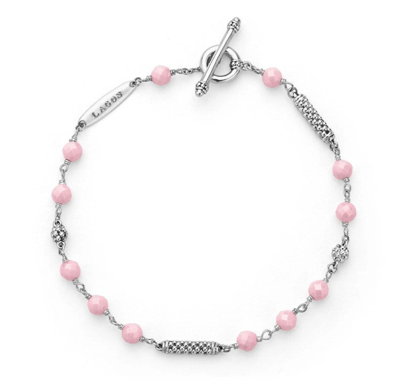 Sterling Silver Icon Pink Ceramic 4mm Bead 4 Stations Strand Bracelet by LAGOS, sz 7 Main image