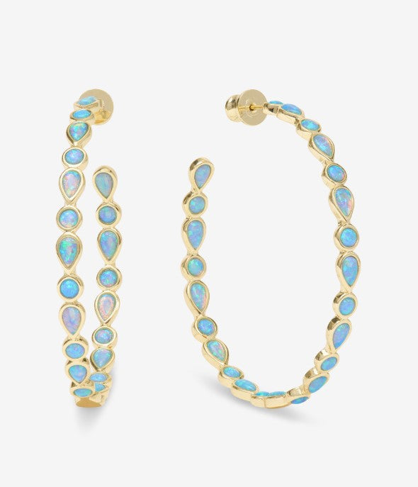 18K Gold Plated Isla 2" Hoops in Simulated Blue Opal by Melinda Maria