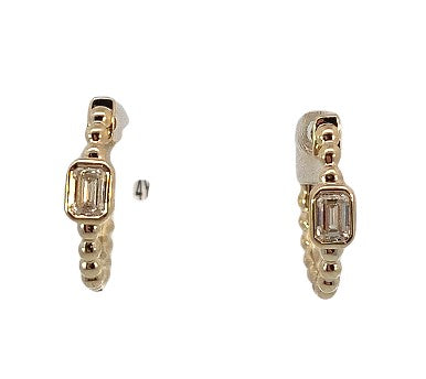 14K YG .28cttw Dia Emerald Cut Bezel  Beaded Huggies