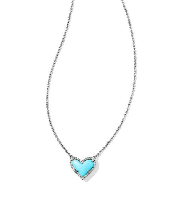 Ari Heart Short Pendant Necklace in Rhodium Metal & Turquoise Magnesite  by Kendra Scott (plated over brass)