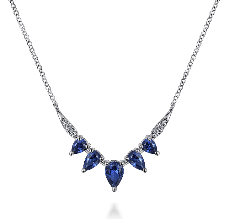 14K White Gold Diamond & Pear Blue Sapphire Chevron Bar Necklace by Gabriel NY