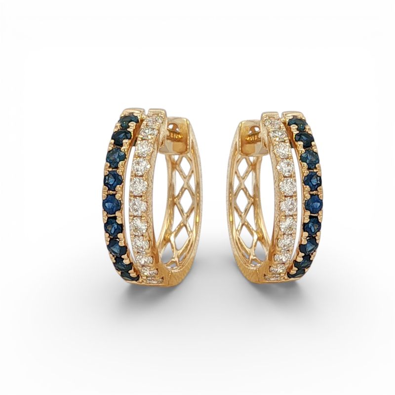 14K YG Blue Sapphire & Diamond Two-Row Huggies