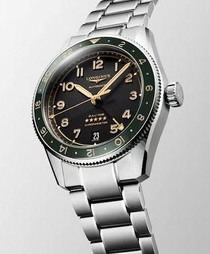 Longines Spirit Zulu Time 39mm GMT Watch with Anthracite Dial & Green Bezel