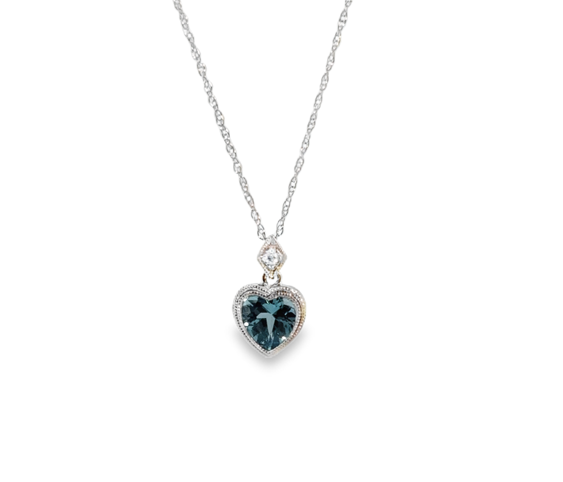 14K White Gold Heart Shape Blue Topaz Pendant with Diamond Bail