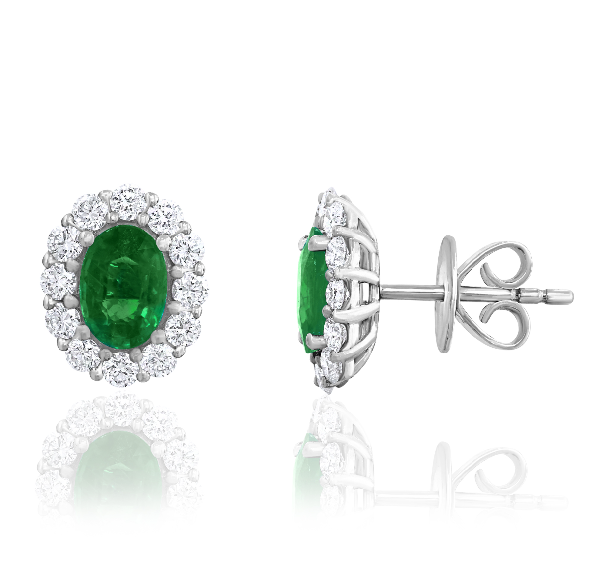 18K White Gold Oval Emerald & Diamond Halo Studs Main image