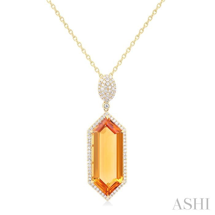14K YG Hexagon Citrine & Diamond Halo Pendant Necklace