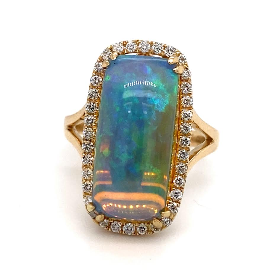 14K YG Cushion Opal & Diamond Halo Split Shank Ring by David Kord