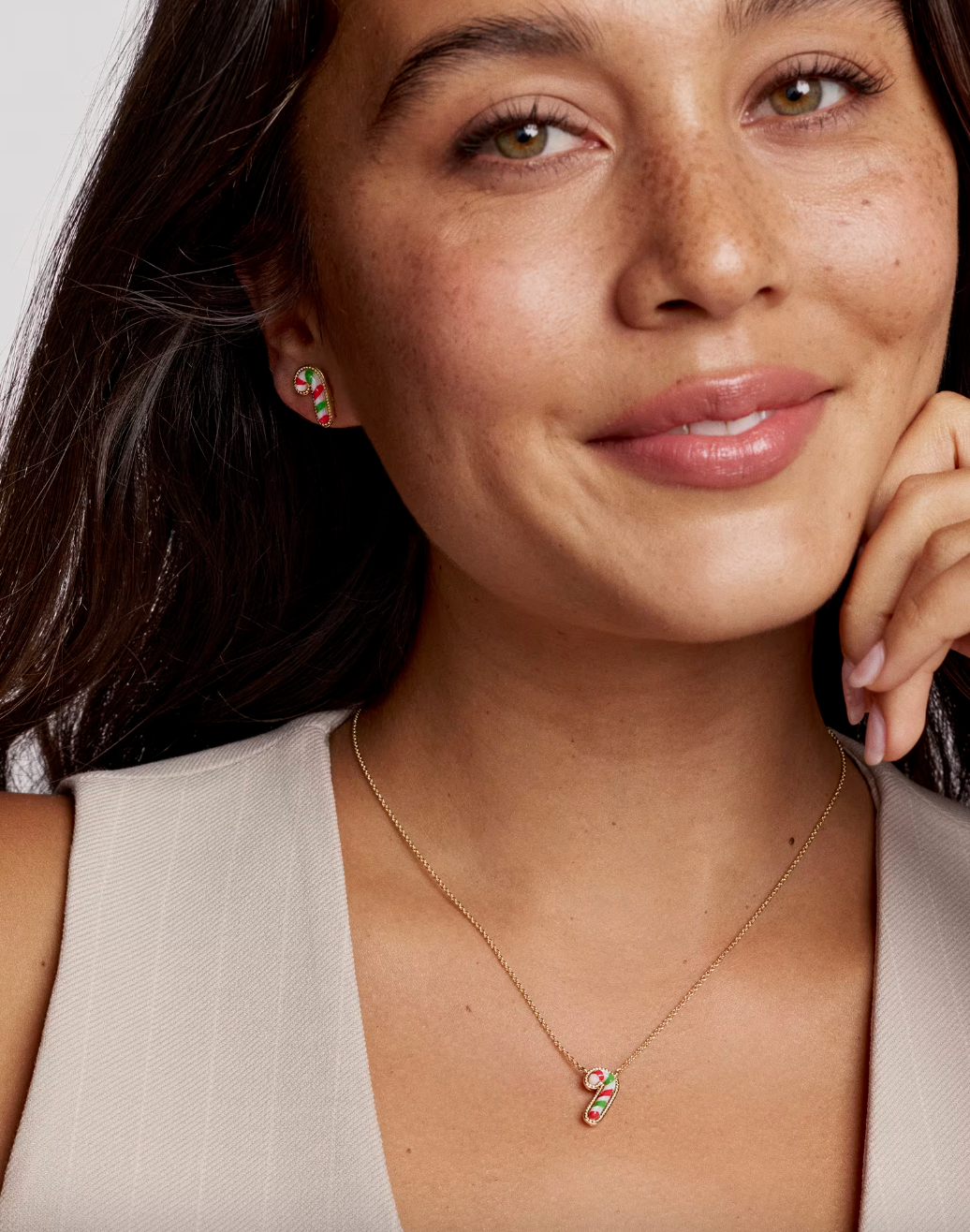 Gold Plated Candy Cane Short Pendant Necklace in Red Green Mix by Kendra Scott