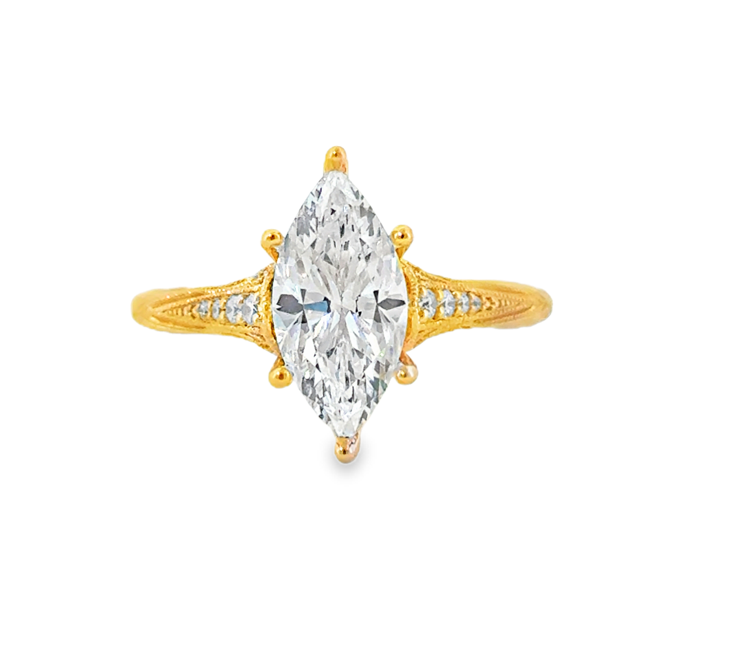 14K Yellow Gold Vintage Inspired Etched Diamond Marquise Semi-Mount Main image