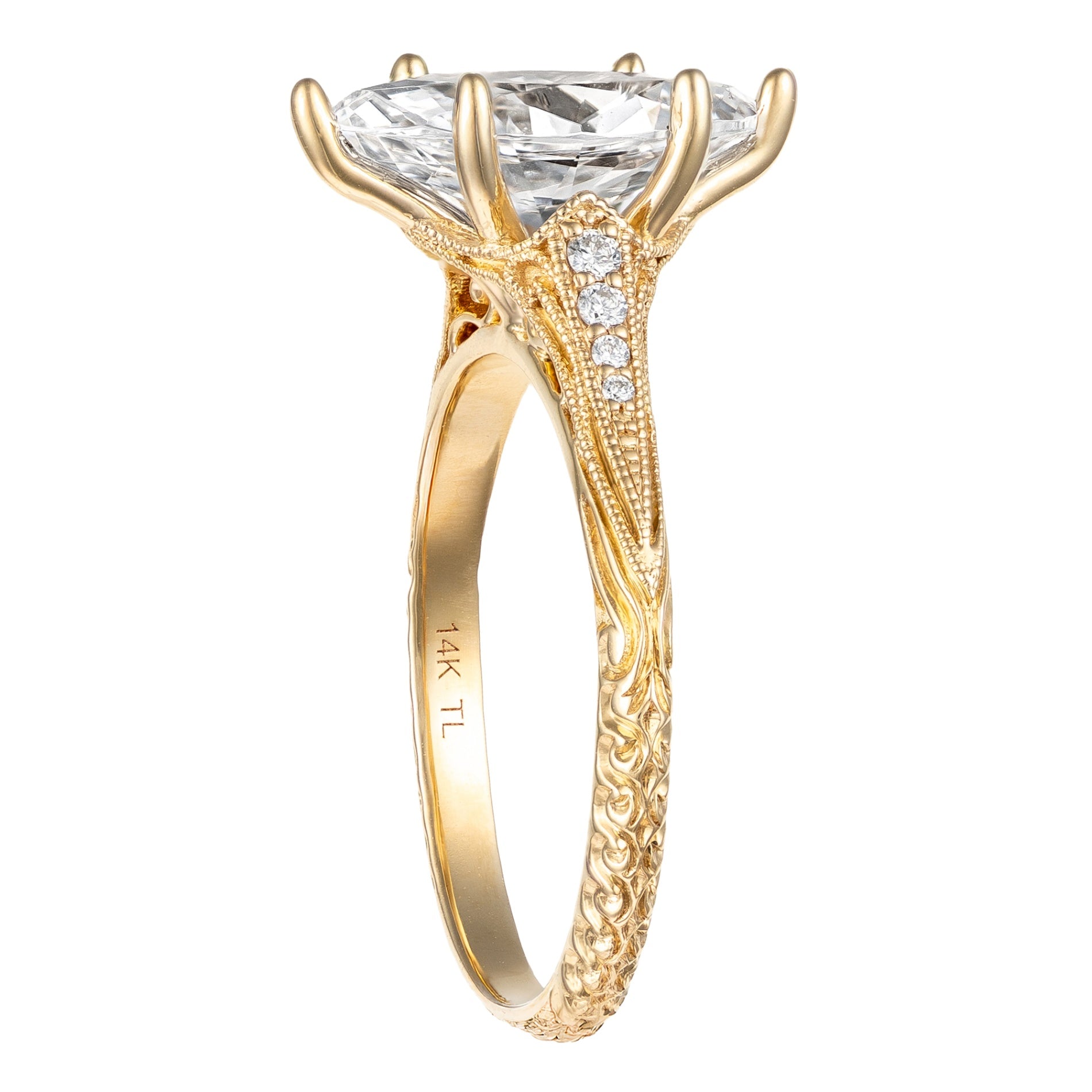 14K Yellow Gold Vintage Inspired Etched Diamond Marquise Semi-Mount Secondary image