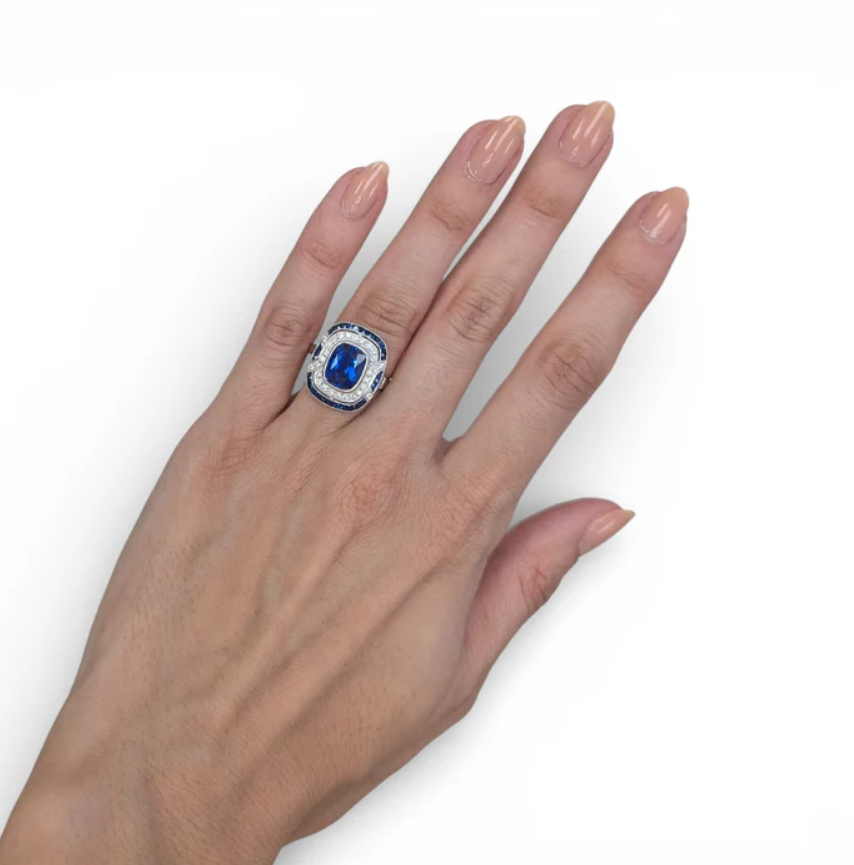 Platinum Sapphire & Diamond Double Halo Ring Secondary image