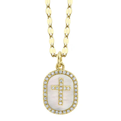 14K YG MOP & Diamond Outline Cross Dog Tag Pendant Necklace on Sparkle Chain