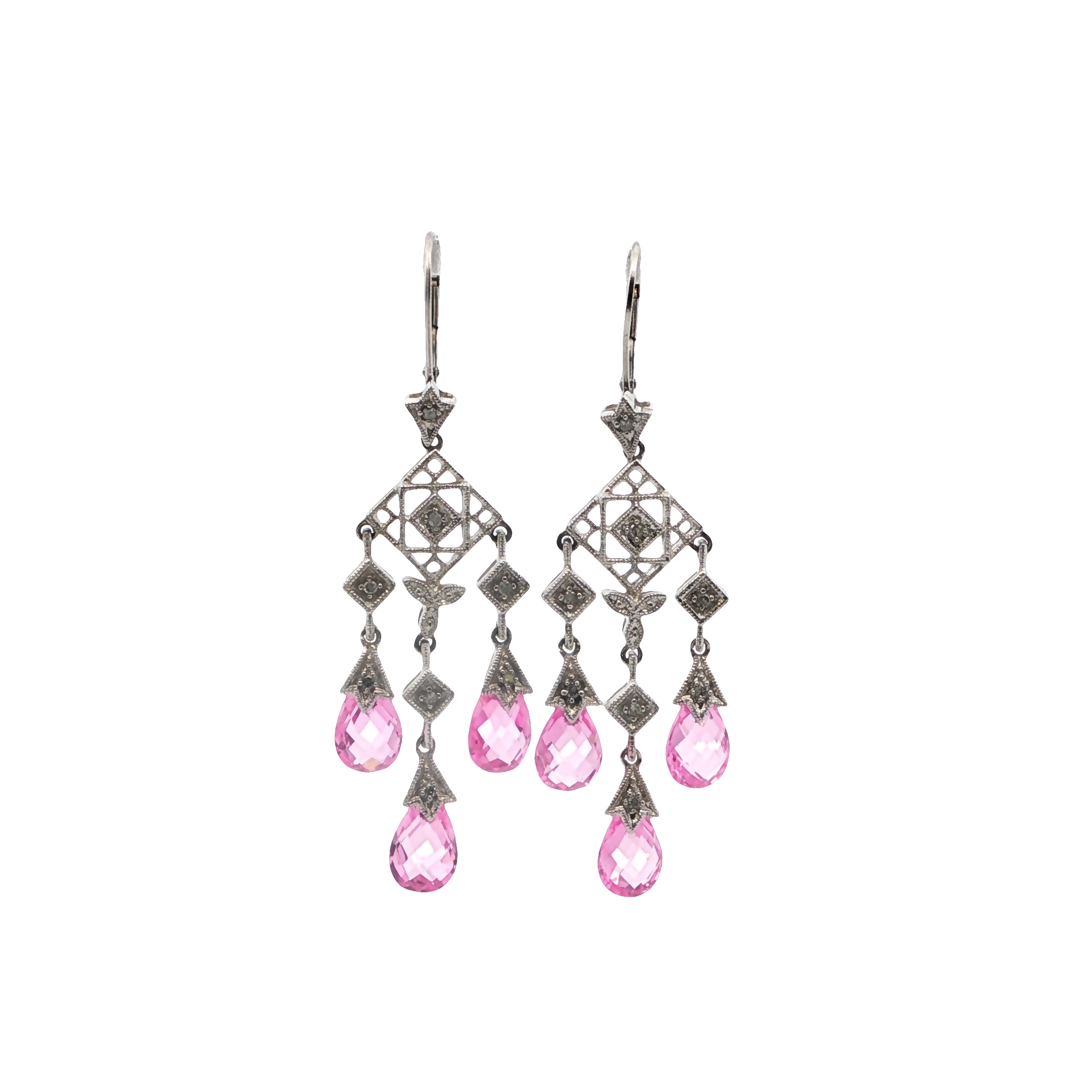 10K WG Synthetic Pink Sapphire & Diamond Vintage Style Drop Earrings *Estate Item Sold as is, Final Sale*