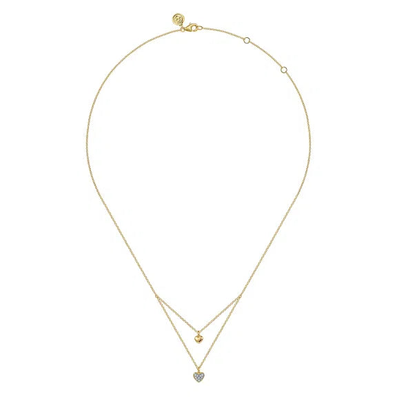 14K YG Layered Diamond Double Heart Pendant Necklace by Gabriel NY