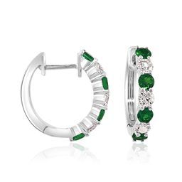 14K WG Alternating Emerald & Diamond Shared Prong Hoops by David Kord