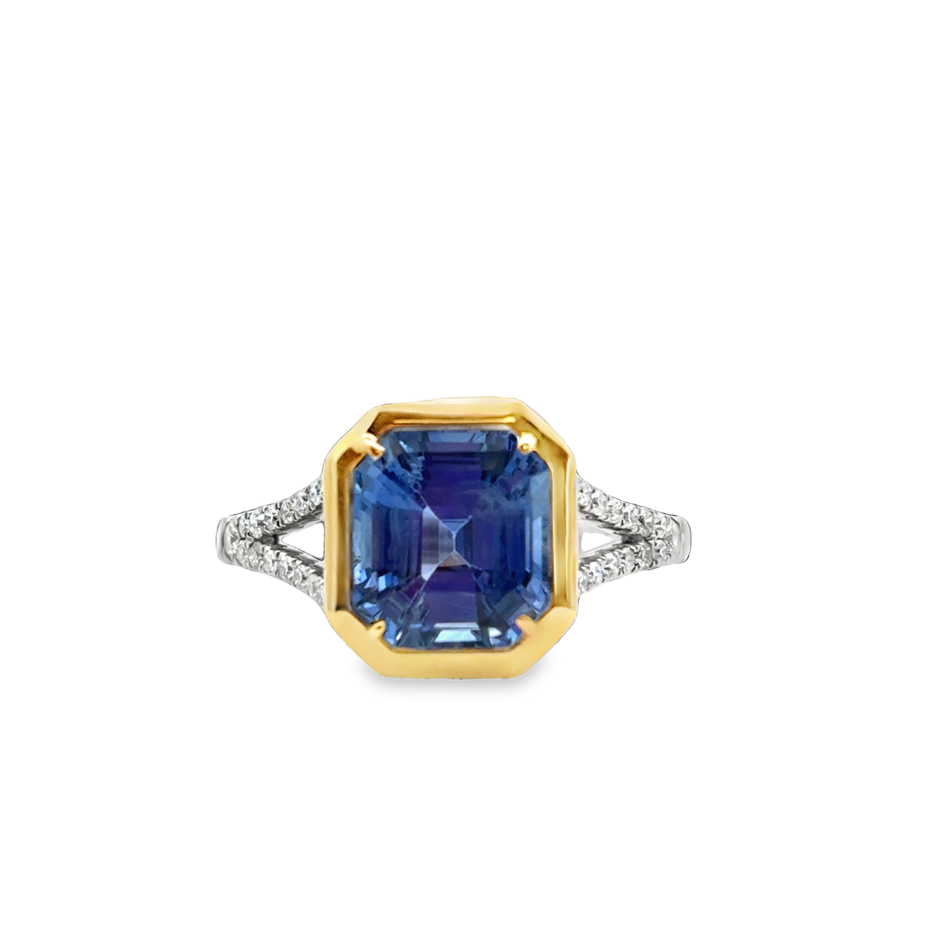 14K YG/PT Blue Sapphire Bezel Frame Split Shank Ring Main image